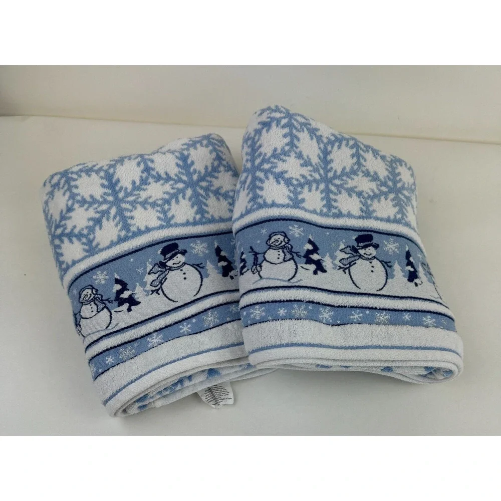 Vintage Bath Towel Cecil Sayday Set of 2 Snowman Snowflakes Blue white